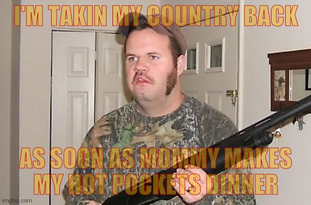 Redneck wonder | I'M TAKIN MY COUNTRY BACK AS SOON AS MOMMY MAKES  MY HOT POCKETS DINNER | image tagged in redneck wonder | made w/ Imgflip meme maker