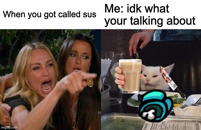 Among Us | When you got called sus; Me: idk what your talking about | image tagged in memes,woman yelling at cat | made w/ Imgflip meme maker