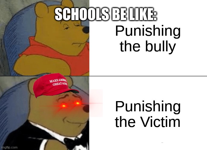 Tuxedo Winnie The Pooh Meme | Punishing the bully; SCHOOLS BE LIKE:; Punishing the Victim | image tagged in memes,tuxedo winnie the pooh | made w/ Imgflip meme maker
