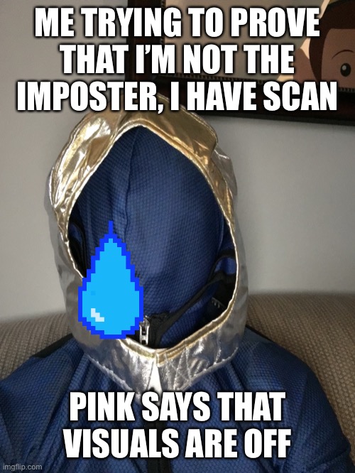 Why me | ME TRYING TO PROVE THAT I’M NOT THE IMPOSTER, I HAVE SCAN; PINK SAYS THAT VISUALS ARE OFF | image tagged in karma | made w/ Imgflip meme maker