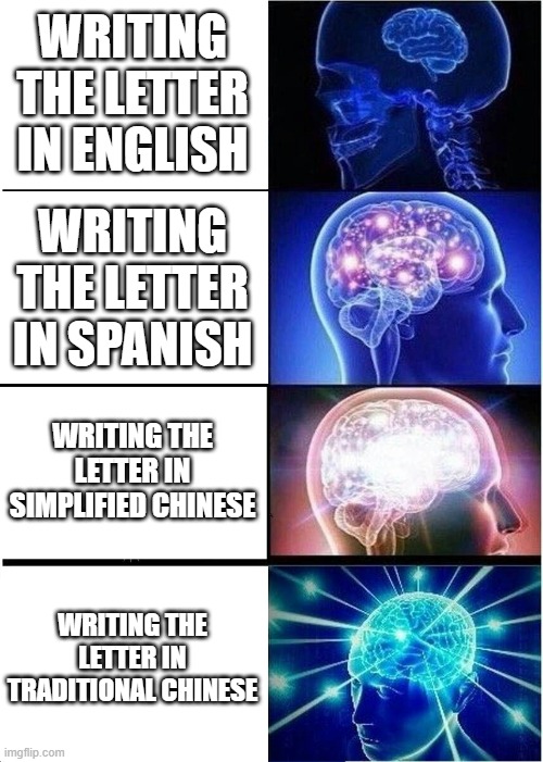 Writing in different languages | WRITING THE LETTER IN ENGLISH; WRITING THE LETTER IN SPANISH; WRITING THE LETTER IN SIMPLIFIED CHINESE; WRITING THE LETTER IN TRADITIONAL CHINESE | image tagged in memes,expanding brain,language,english,spanish,chinese | made w/ Imgflip meme maker