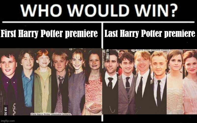 First Harry Potter premiere; Last Harry Potter premiere | made w/ Imgflip meme maker