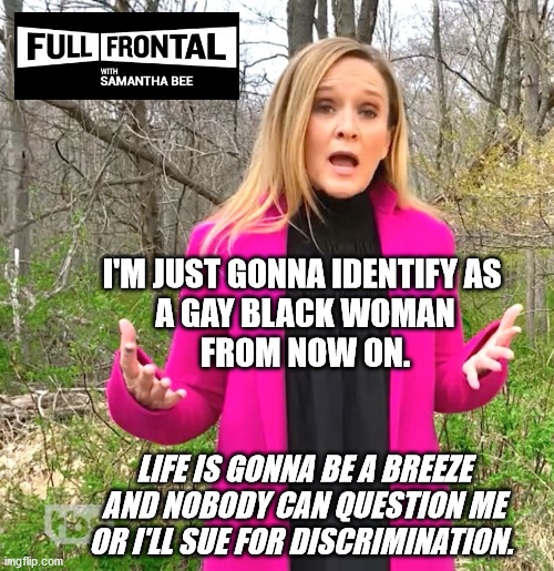 Samantha Bee - No More Trump, No More Material. | I'M JUST GONNA IDENTIFY AS 
A GAY BLACK WOMAN
FROM NOW ON. LIFE IS GONNA BE A BREEZE AND NOBODY CAN QUESTION ME OR I'LL SUE FOR DISCRIMINATION. | image tagged in samantha bee whines,biden,harris,tbs,blm,lgbtq | made w/ Imgflip meme maker