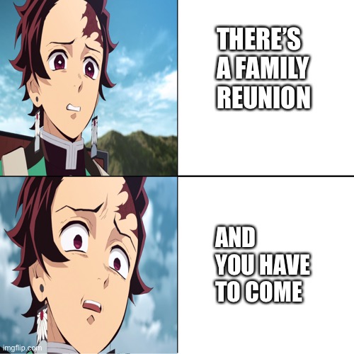 Tanjiro | THERE’S A FAMILY REUNION; AND YOU HAVE TO COME | image tagged in tanjiro,anime,lazy | made w/ Imgflip meme maker