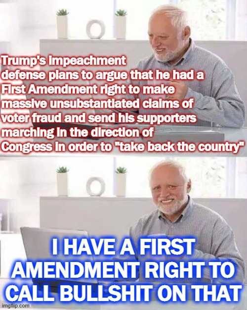 According to Trump's defenders, the Constitution protects a defeated President's right to commit treason. | image tagged in hide the pain harold,constitution,first amendment,freedom of speech,the constitution,treason | made w/ Imgflip meme maker
