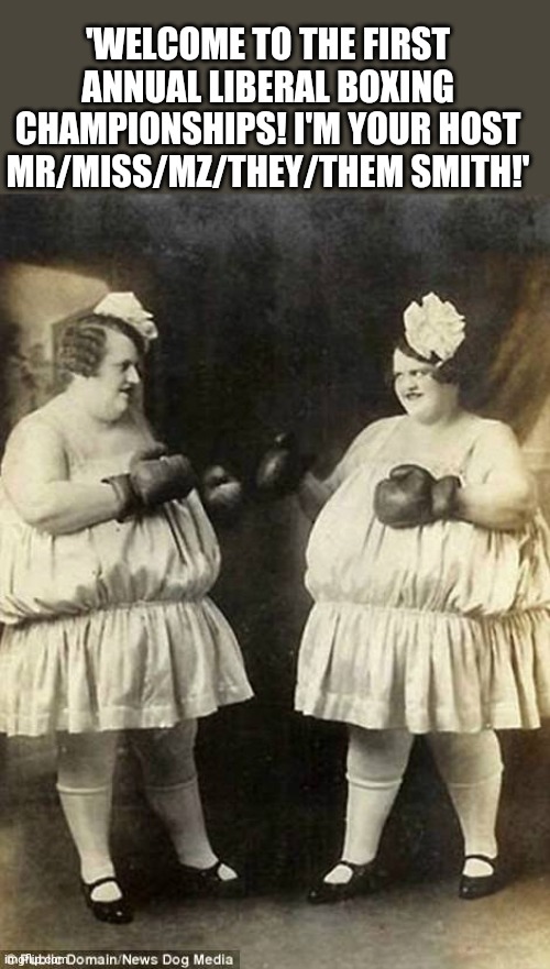 lady boxers | 'WELCOME TO THE FIRST ANNUAL LIBERAL BOXING CHAMPIONSHIPS! I'M YOUR HOST MR/MISS/MZ/THEY/THEM SMITH!' | image tagged in lady boxers | made w/ Imgflip meme maker