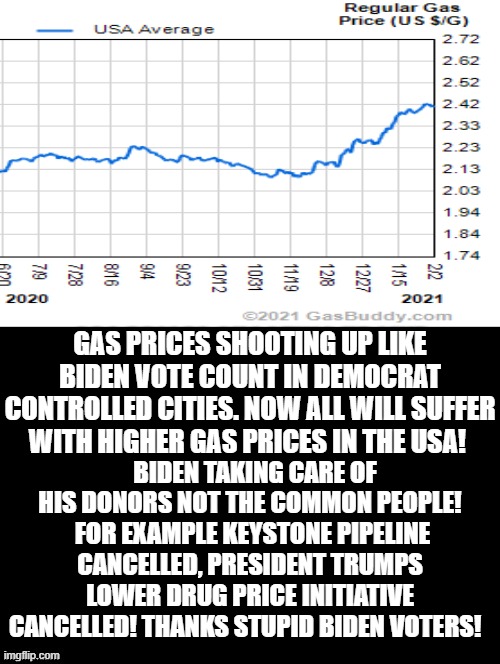 Thanks Stupid Biden Voters! | GAS PRICES SHOOTING UP LIKE BIDEN VOTE COUNT IN DEMOCRAT CONTROLLED CITIES. NOW ALL WILL SUFFER WITH HIGHER GAS PRICES IN THE USA! BIDEN TAKING CARE OF HIS DONORS NOT THE COMMON PEOPLE!  FOR EXAMPLE KEYSTONE PIPELINE CANCELLED, PRESIDENT TRUMPS LOWER DRUG PRICE INITIATIVE CANCELLED! THANKS STUPID BIDEN VOTERS! | image tagged in stupid liberals,biden,special kind of stupid,stupidity,idiots,morons | made w/ Imgflip meme maker