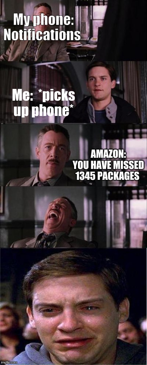 Meme | My phone: Notifications; Me:  *picks up phone*; AMAZON: YOU HAVE MISSED 1345 PACKAGES | image tagged in memes,peter parker cry | made w/ Imgflip meme maker