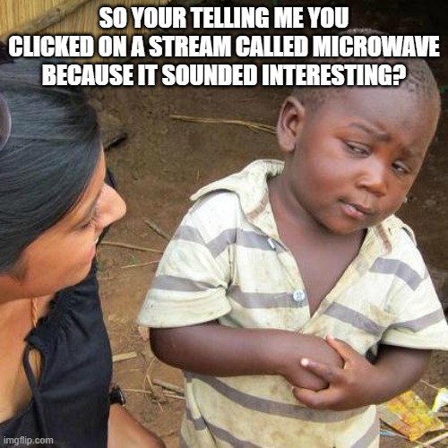 Third World Skeptical Kid | SO YOUR TELLING ME YOU CLICKED ON A STREAM CALLED MICROWAVE BECAUSE IT SOUNDED INTERESTING? | image tagged in memes,third world skeptical kid | made w/ Imgflip meme maker