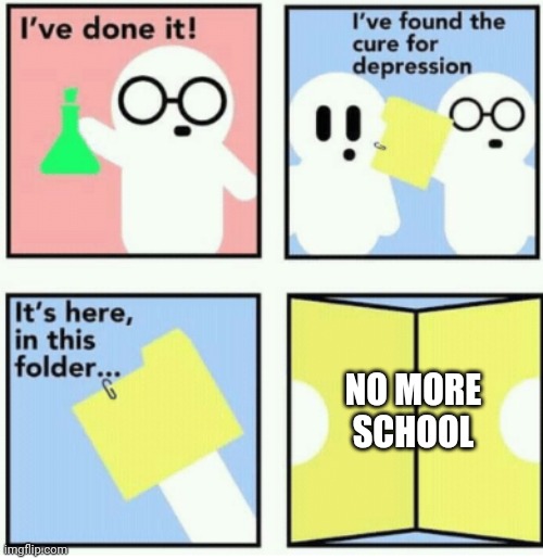 Cure for depression | NO MORE SCHOOL | image tagged in cure for depression | made w/ Imgflip meme maker