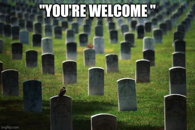 graveyard cemetary | "YOU'RE WELCOME " | image tagged in graveyard cemetary | made w/ Imgflip meme maker