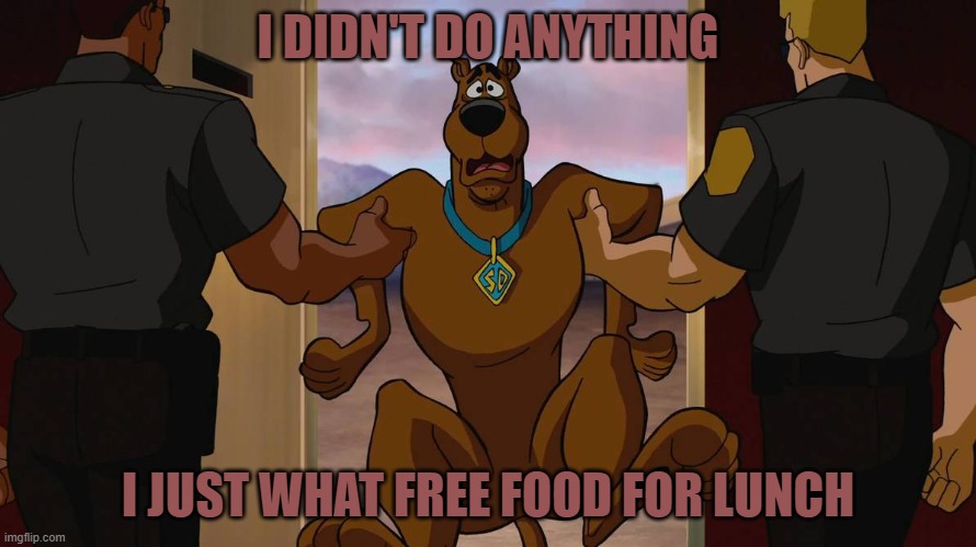 I DIDN'T DO ANYTHING; I JUST WHAT FREE FOOD FOR LUNCH | image tagged in scooby doo | made w/ Imgflip meme maker