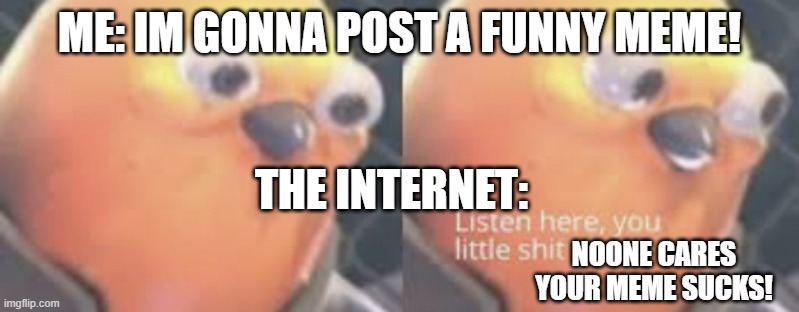 rip |  ME: IM GONNA POST A FUNNY MEME! THE INTERNET:; NOONE CARES YOUR MEME SUCKS! | image tagged in listen here you little shit bird | made w/ Imgflip meme maker