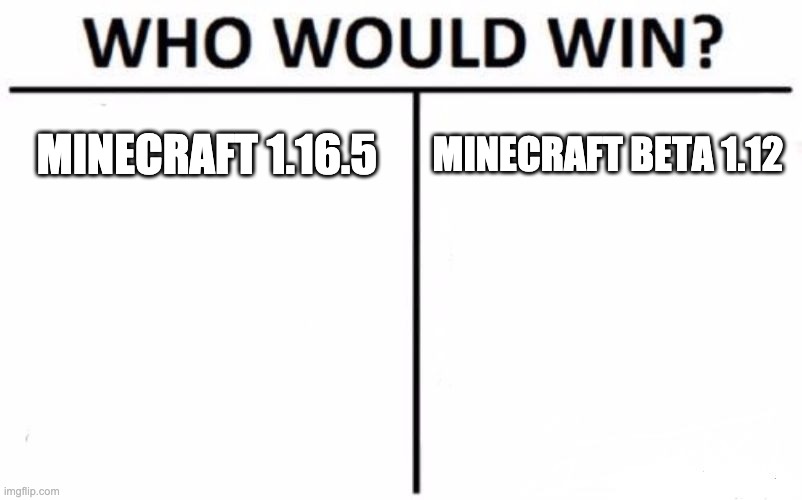 Who Would Win? | MINECRAFT 1.16.5; MINECRAFT BETA 1.12 | image tagged in memes,who would win | made w/ Imgflip meme maker