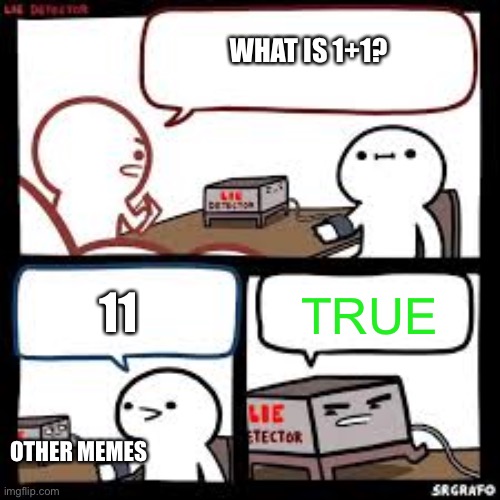 WTF! WHAT!!!! | WHAT IS 1+1? TRUE; 11; OTHER MEMES | image tagged in lie detector clear | made w/ Imgflip meme maker