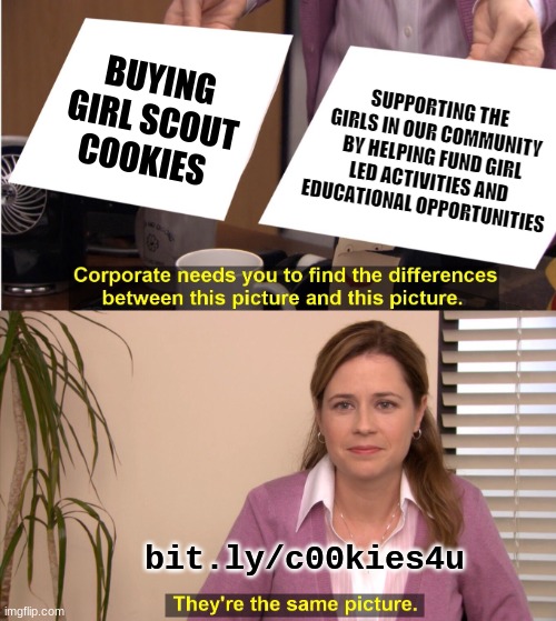 Cookie Season is here!!! | BUYING GIRL SCOUT COOKIES; SUPPORTING THE GIRLS IN OUR COMMUNITY BY HELPING FUND GIRL LED ACTIVITIES AND EDUCATIONAL OPPORTUNITIES; bit.ly/c00kies4u | image tagged in memes,they're the same picture | made w/ Imgflip meme maker