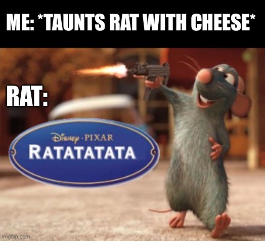 RUN THEY’RE FIGHTING BACK!! | ME: *TAUNTS RAT WITH CHEESE*; RAT: | image tagged in ratatatata,comeback,run | made w/ Imgflip meme maker