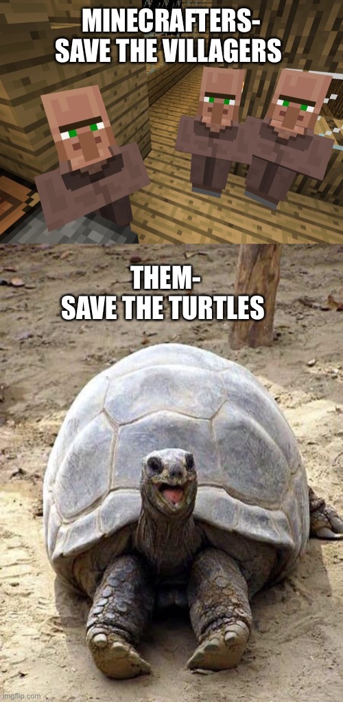 T | MINECRAFTERS-
SAVE THE VILLAGERS; THEM-
SAVE THE TURTLES | image tagged in minecraft villagers,smiling happy excited tortoise | made w/ Imgflip meme maker
