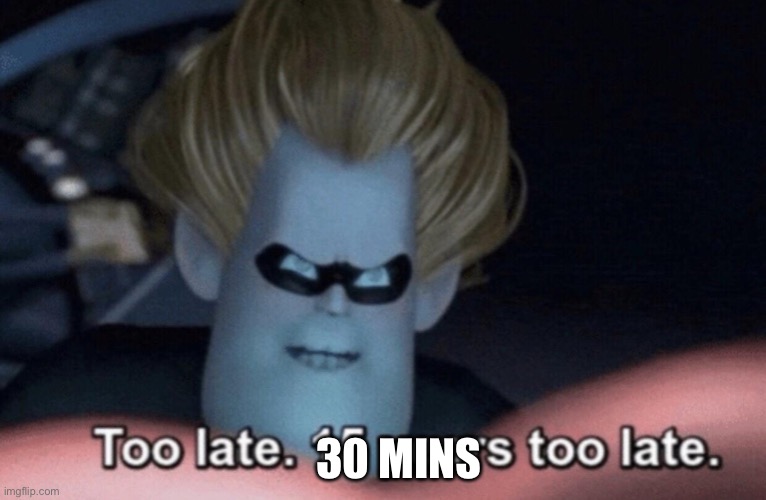 Too Late | 30 MINS | image tagged in too late | made w/ Imgflip meme maker
