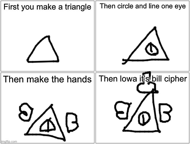 I tried well I forgot the legs | First you make a triangle; Then circle and line one eye; Then make the hands; Then lowa it’s bill cipher | image tagged in memes,blank comic panel 2x2 | made w/ Imgflip meme maker