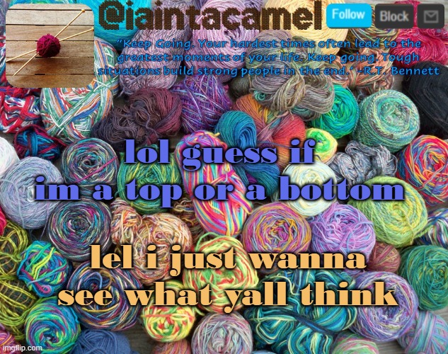 iaintacamel | lol guess if im a top or a bottom; lel i just wanna see what yall think | image tagged in iaintacamel | made w/ Imgflip meme maker