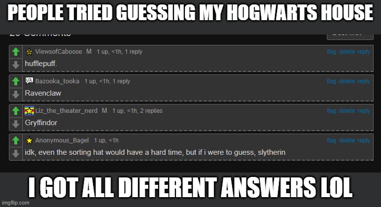 PEOPLE TRIED GUESSING MY HOGWARTS HOUSE; I GOT ALL DIFFERENT ANSWERS LOL | made w/ Imgflip meme maker