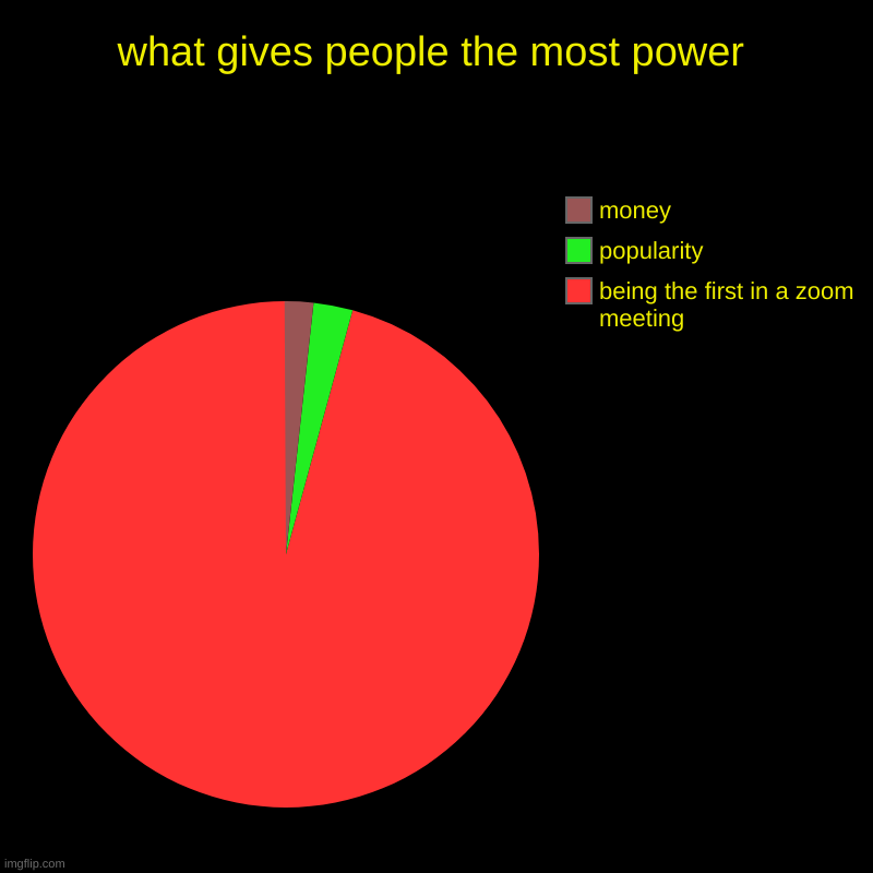 what gives people the most power | being the first in a zoom meeting, popularity , money | image tagged in charts,pie charts | made w/ Imgflip chart maker