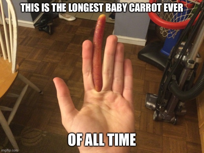 It’s longer than my finger! | THIS IS THE LONGEST BABY CARROT EVER; OF ALL TIME | image tagged in baby carrot,carrot,ever of all time | made w/ Imgflip meme maker