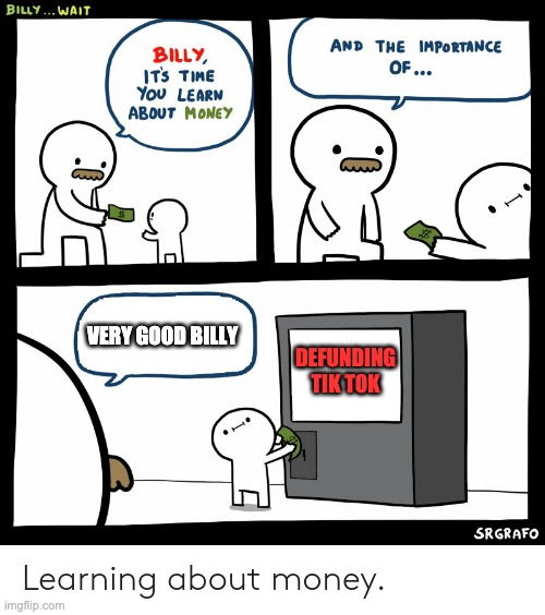 Very Good Billy | DEFUNDING TIK TOK; VERY GOOD BILLY | image tagged in billy learning about money | made w/ Imgflip meme maker