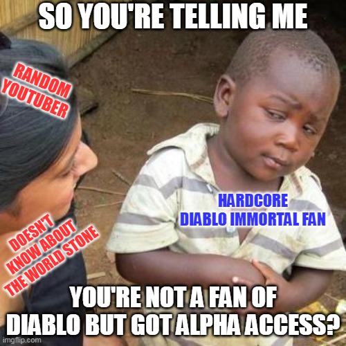 Privilaged | SO YOU'RE TELLING ME; RANDOM
YOUTUBER; HARDCORE
DIABLO IMMORTAL FAN; DOESN'T KNOW ABOUT THE WORLD STONE; YOU'RE NOT A FAN OF DIABLO BUT GOT ALPHA ACCESS? | image tagged in so you're telling me | made w/ Imgflip meme maker