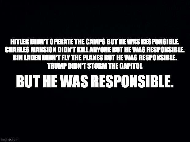 trump criminal | HITLER DIDN'T OPERATE THE CAMPS BUT HE WAS RESPONSIBLE.
CHARLES MANSION DIDN'T KILL ANYONE BUT HE WAS RESPONSIBLE.
BIN LADEN DIDN'T FLY THE PLANES BUT HE WAS RESPONSIBLE.

TRUMP DIDN'T STORM THE CAPITOL; BUT HE WAS RESPONSIBLE. | image tagged in black background | made w/ Imgflip meme maker