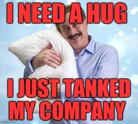 My Pillow Guy |  I NEED A HUG; I JUST TANKED MY COMPANY | image tagged in my pillow guy | made w/ Imgflip meme maker