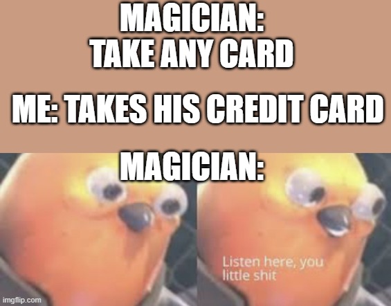Listen here you little shit bird | MAGICIAN: TAKE ANY CARD; ME: TAKES HIS CREDIT CARD; MAGICIAN: | image tagged in listen here you little shit bird | made w/ Imgflip meme maker