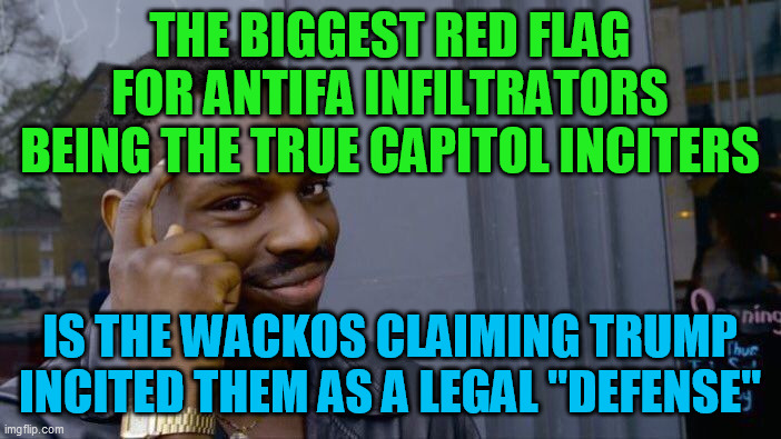 Roll Safe Think About It Meme | THE BIGGEST RED FLAG FOR ANTIFA INFILTRATORS BEING THE TRUE CAPITOL INCITERS IS THE WACKOS CLAIMING TRUMP INCITED THEM AS A LEGAL "DEFENSE" | image tagged in memes,roll safe think about it | made w/ Imgflip meme maker