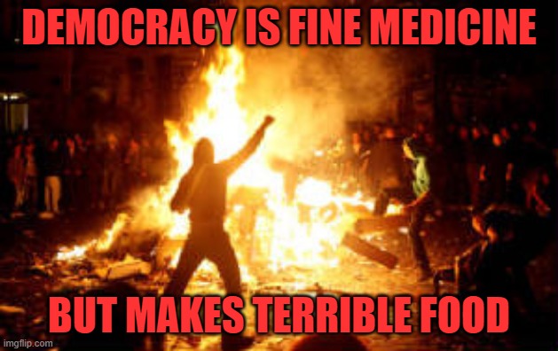 Anarchy Riot | DEMOCRACY IS FINE MEDICINE; BUT MAKES TERRIBLE FOOD | image tagged in anarchy riot | made w/ Imgflip meme maker