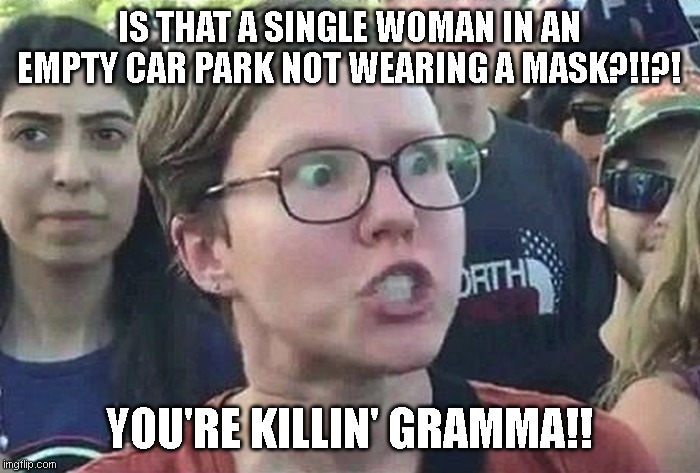 IS THAT A SINGLE WOMAN IN AN EMPTY CAR PARK NOT WEARING A MASK?!!?! YOU'RE KILLIN' GRAMMA!! | image tagged in triggered liberal | made w/ Imgflip meme maker