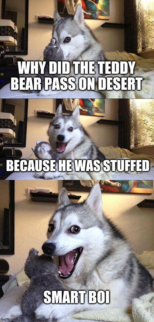 Dad jokes | WHY DID THE TEDDY BEAR PASS ON DESERT; BECAUSE HE WAS STUFFED; SMART BOI | image tagged in memes,bad pun dog,oh wow are you actually reading these tags | made w/ Imgflip meme maker