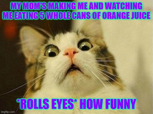 Orange juice meme | MY MOM'S MAKING ME AND WATCHING ME EATING 5 WHOLE CANS OF ORANGE JUICE; *ROLLS EYES* HOW FUNNY | image tagged in memes,scared cat | made w/ Imgflip meme maker