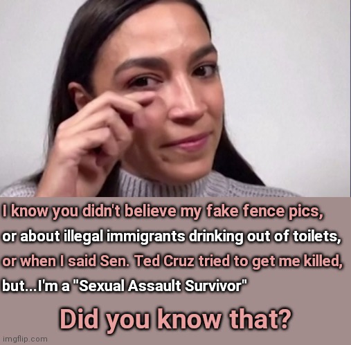 AOC - Hold My Beer Edition | I know you didn't believe my fake fence pics, or about illegal immigrants drinking out of toilets, or when I said Sen. Ted Cruz tried to get me killed, but...I'm a "Sexual Assault Survivor"; Did you know that? | image tagged in aoc,alexandria ocasio-cortez,fake news,sexual assault,me too,liar | made w/ Imgflip meme maker