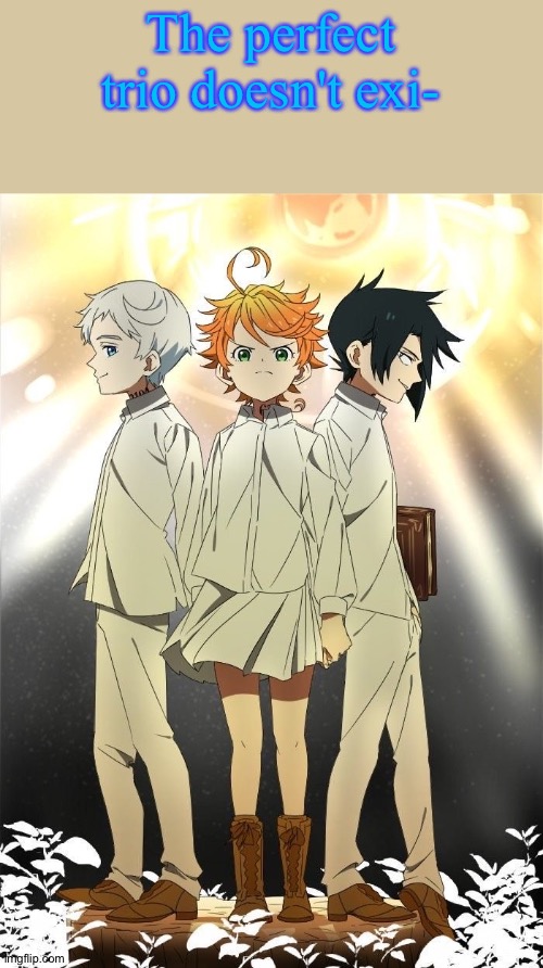 Too bad Norman is, y'know- | The perfect trio doesn't exi- | image tagged in the promised neverland trio | made w/ Imgflip meme maker