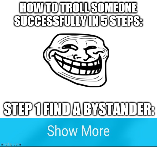 Lol | HOW TO TROLL SOMEONE SUCCESSFULLY IN 5 STEPS:; STEP 1 FIND A BYSTANDER: | image tagged in blank white template | made w/ Imgflip meme maker