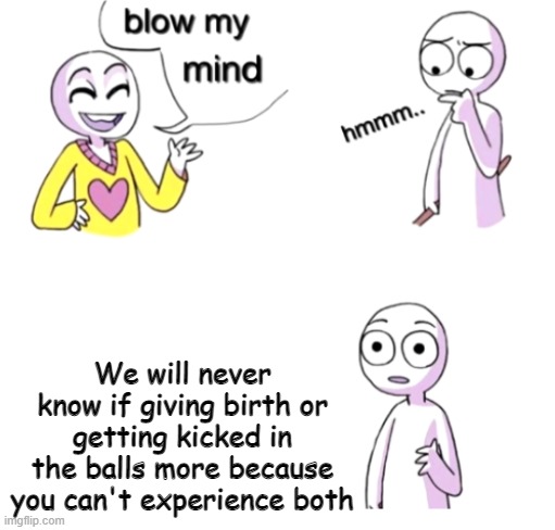 We will never know. | We will never know if giving birth or getting kicked in the balls more because you can't experience both | image tagged in blow my mind,birth,balls,how | made w/ Imgflip meme maker