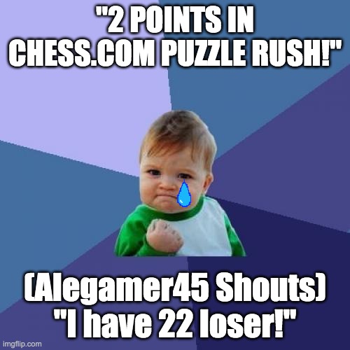 Success Kid | "2 POINTS IN CHESS.COM PUZZLE RUSH!"; (Alegamer45 Shouts) "I have 22 loser!" | image tagged in memes,success kid | made w/ Imgflip meme maker