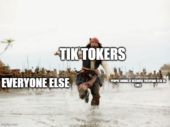 Jack Sparrow Being Chased Meme | TIK TOKERS; EVERYONE ELSE; PEOPLE DOING IT BECAUSE EVERYONE ELSE IS
(ME) | image tagged in memes,jack sparrow being chased | made w/ Imgflip meme maker