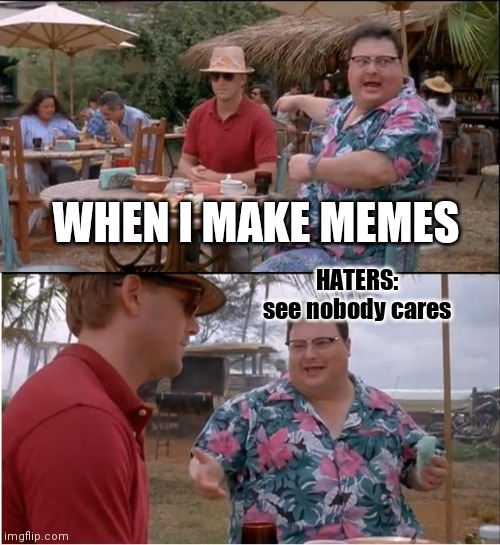 idk if I got any haters | WHEN I MAKE MEMES; HATERS:
see nobody cares | image tagged in memes,see nobody cares | made w/ Imgflip meme maker