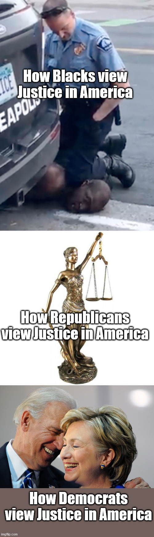 ...with liberty and justice for ALL. | How Blacks view Justice in America; How Republicans view Justice in America; How Democrats view Justice in America | image tagged in and justice for all,division | made w/ Imgflip meme maker