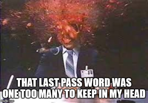 Exploding head | THAT LAST PASS WORD WAS ONE TOO MANY TO KEEP IN MY HEAD | image tagged in exploding head | made w/ Imgflip meme maker