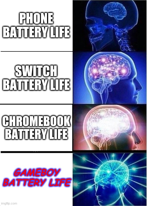My Gameboy lasted a week | PHONE BATTERY LIFE; SWITCH BATTERY LIFE; CHROMEBOOK BATTERY LIFE; GAMEBOY BATTERY LIFE | image tagged in memes,expanding brain | made w/ Imgflip meme maker