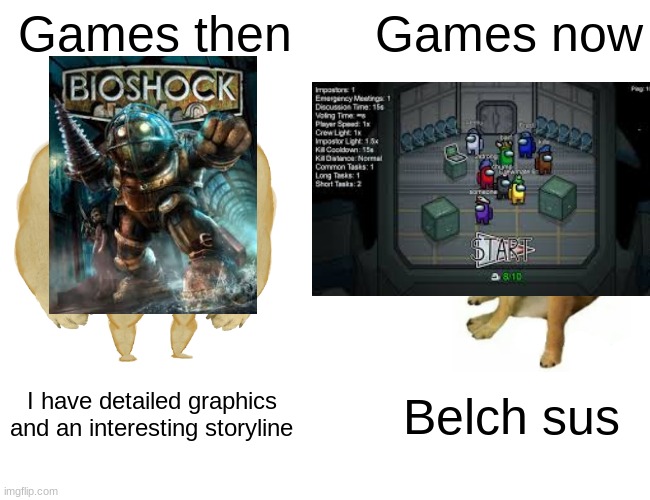 Both. Both is good | Games then; Games now; I have detailed graphics and an interesting storyline; Belch sus | image tagged in memes,buff doge vs cheems | made w/ Imgflip meme maker