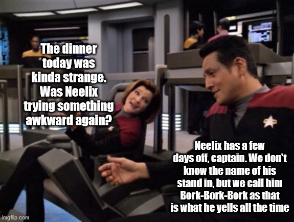 Who was that stand-in cook? | The dinner today was kinda strange. Was Neelix trying something awkward again? Neelix has a few days off, captain. We don't know the name of his stand in, but we call him Bork-Bork-Bork as that is what he yells all the time | image tagged in janeway meme bridge | made w/ Imgflip meme maker